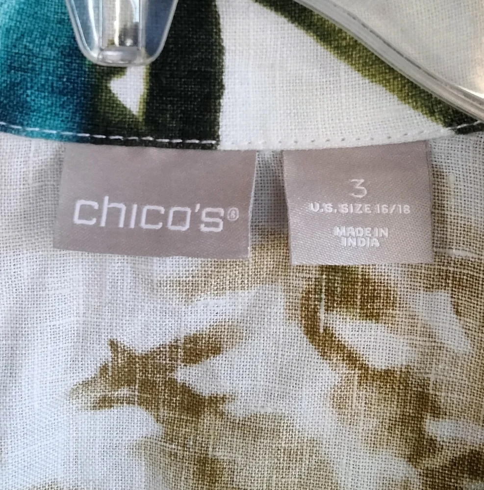 Chico's Size 3 US 16 / 18 Tropical Print Jacket 100% Linen 3/4 Sleeve Multi